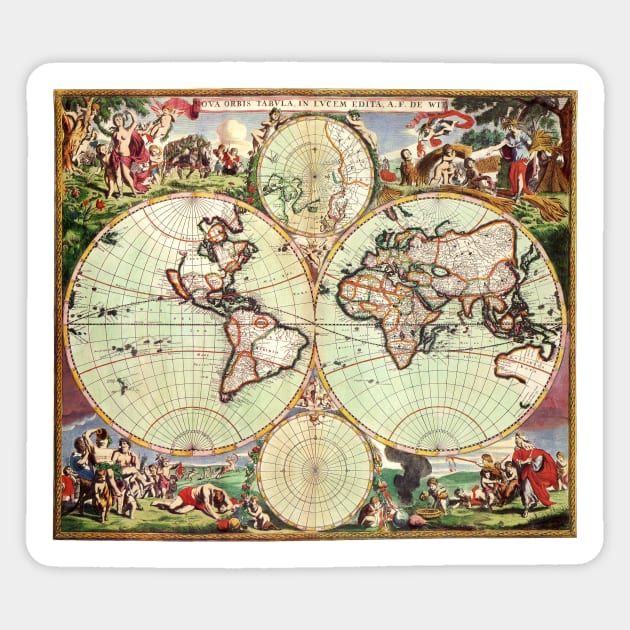 Antique Double Hemisphere Map by Frederick de Wit, c1665 Sticker by MasterpieceCafe